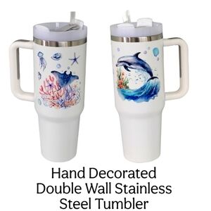 NIB Hand Decorated White Stainless Steel Tumbler "Ocean Play"